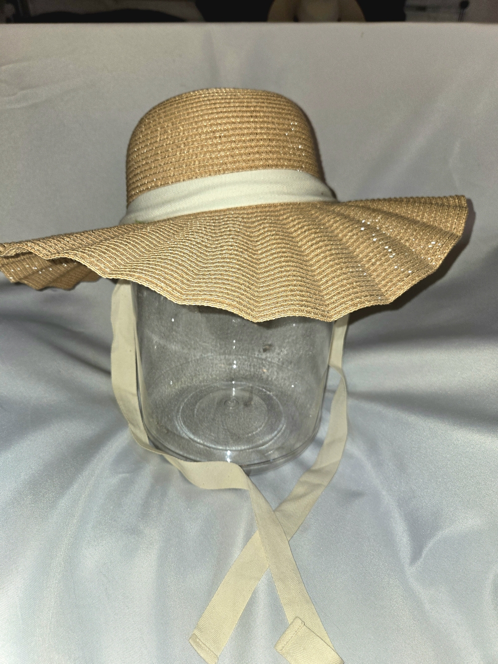 LC Lauren Conrad Straw Wide Brim Sun Hat Ribbon Ties Scalloped Edge